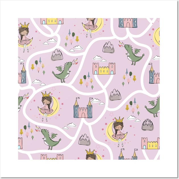 Childish seamless pattern with princess and dragon pink background Wall Art by Arch4Design